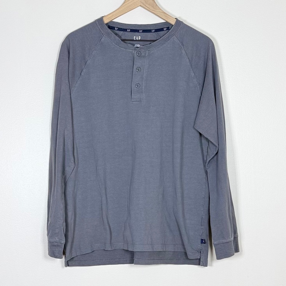 Gap Mens Henley Shirt Size XL Gray Long Sleeve Raglan Cotton Casual Basic